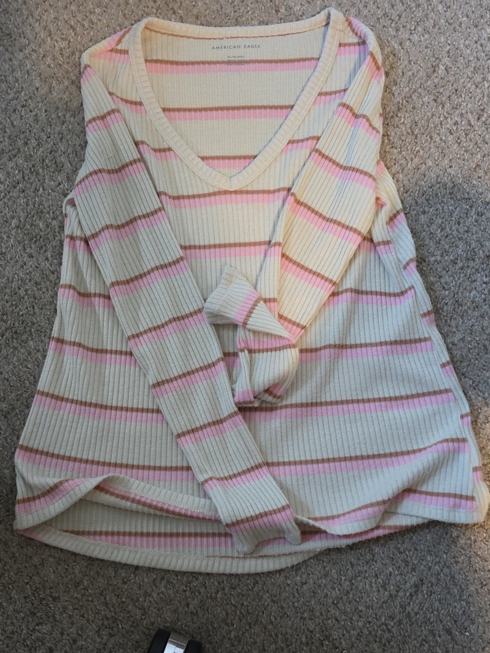 American Eagle Outfitters Cream and Pink Striped Ribbed V-Neck Long Sleeve Top